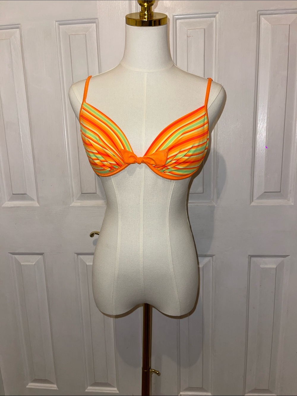 Bright Orange Striped Women's Bikini Top with Knot Front